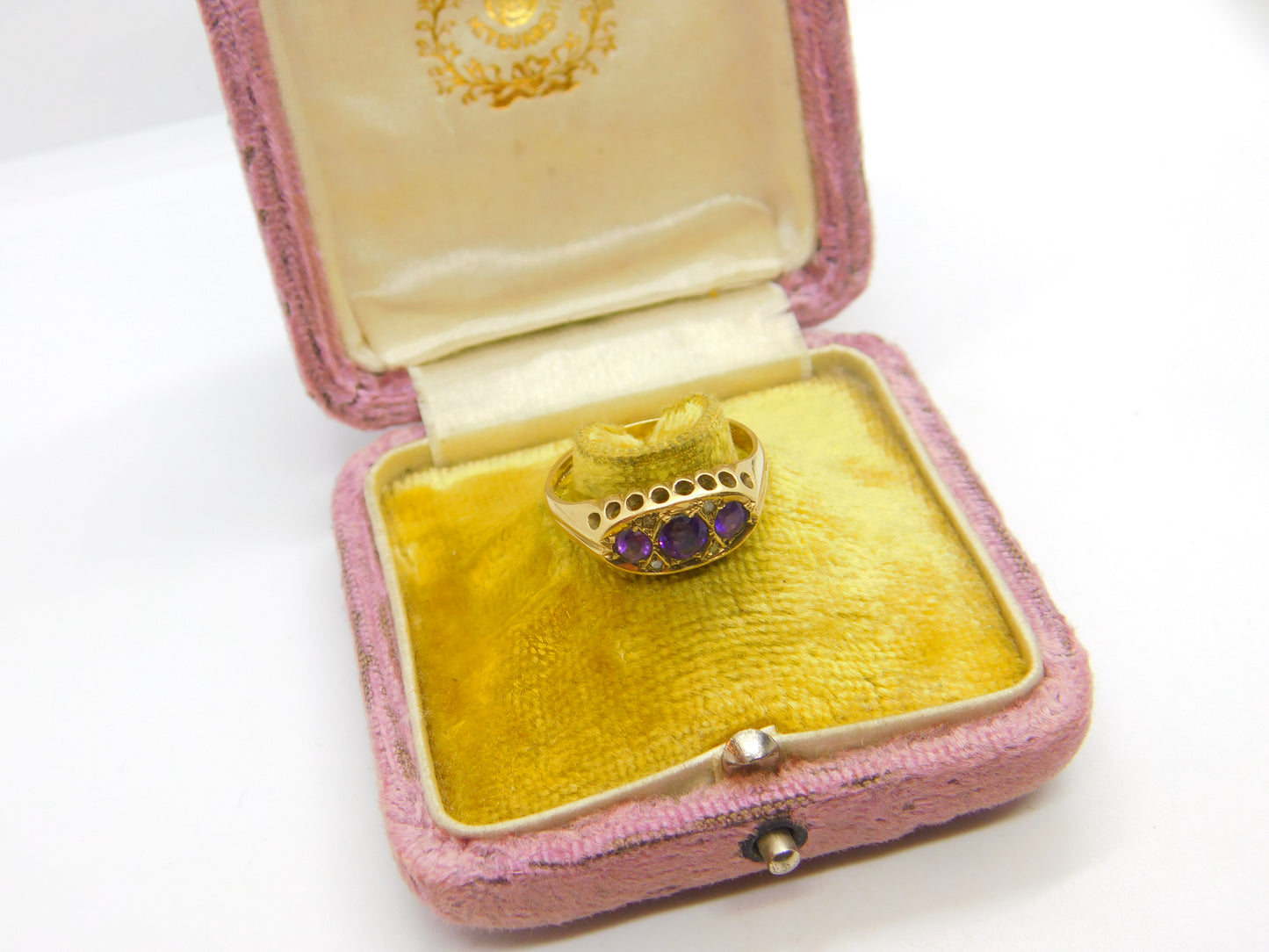 9ct Yellow Gold & Amethyst Set Three Stone Boat Ring 1999 Birmingham Vintage