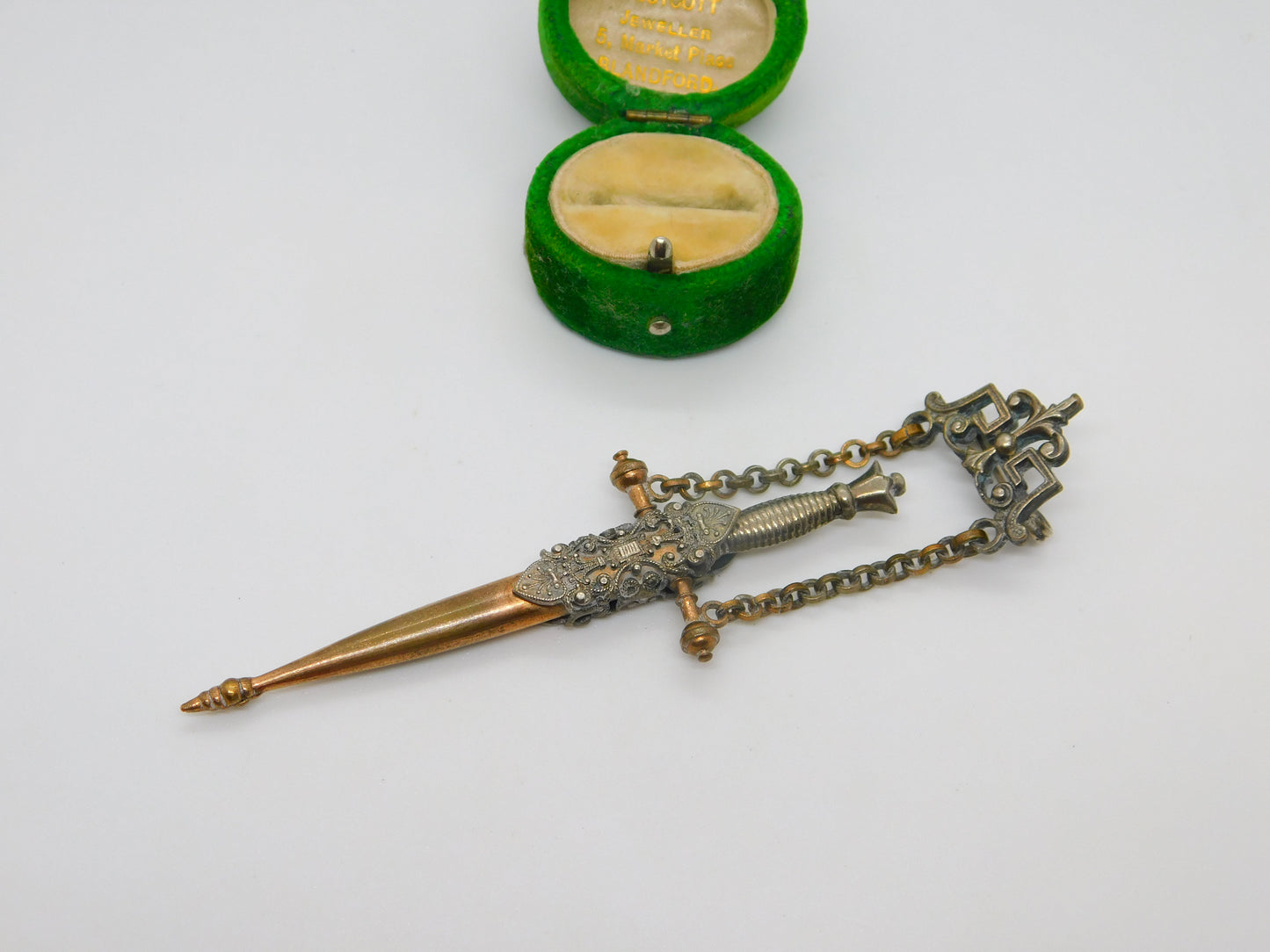 French Victorian Metal Novelty Sword in Scabbard Sewing Scissors Chatelaine Fob c1890