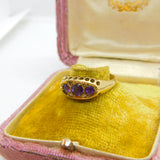 9ct Yellow Gold & Amethyst Set Three Stone Boat Ring 1999 Birmingham Vintage