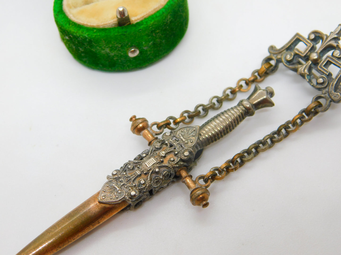 French Victorian Metal Novelty Sword in Scabbard Sewing Scissors Chatelaine Fob c1890