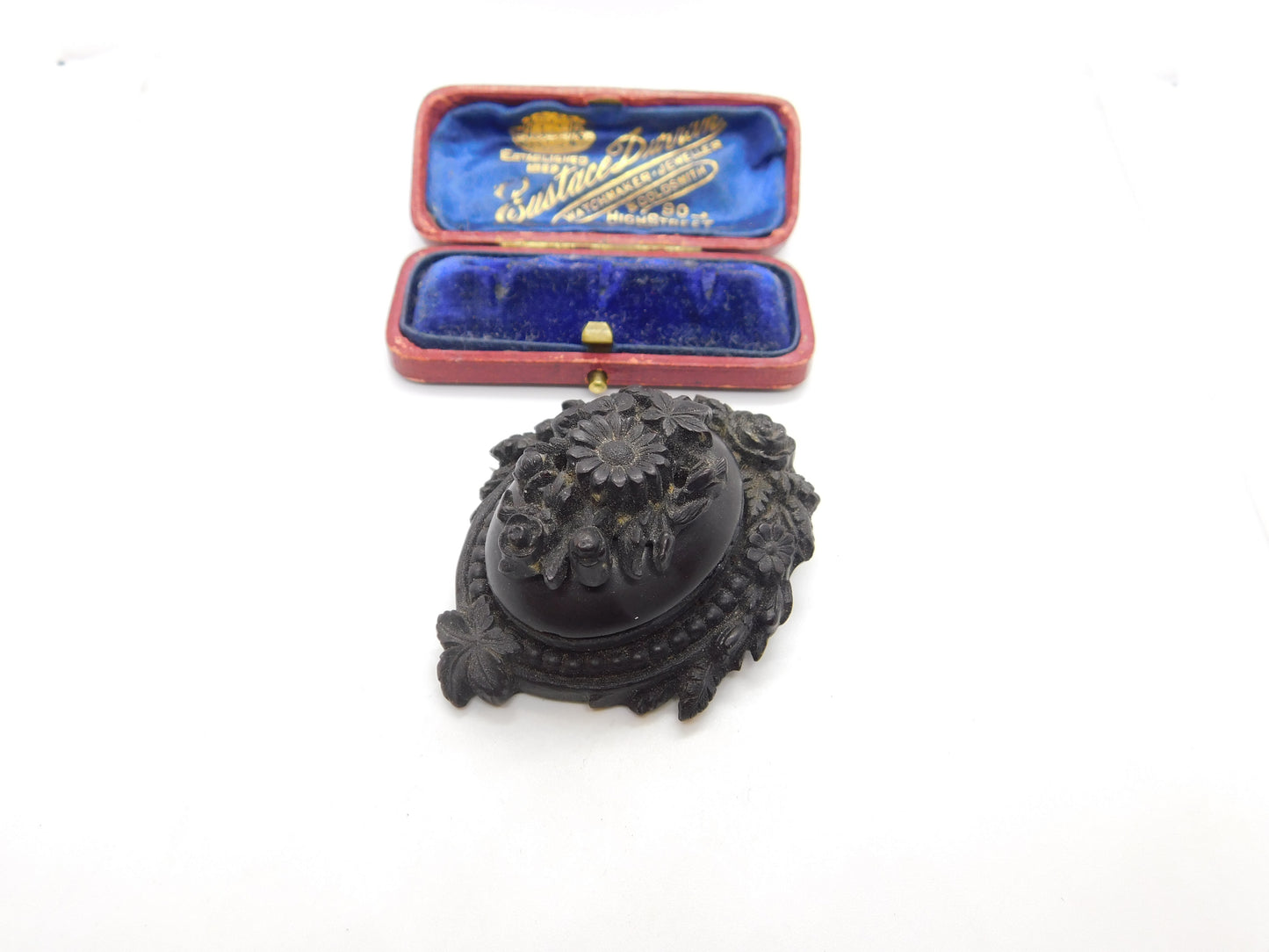 Large Victorian Carved Vulcanite Mourning Locket Brooch Antique c1860