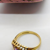 9ct Yellow Gold & Amethyst Set Three Stone Boat Ring 1999 Birmingham Vintage
