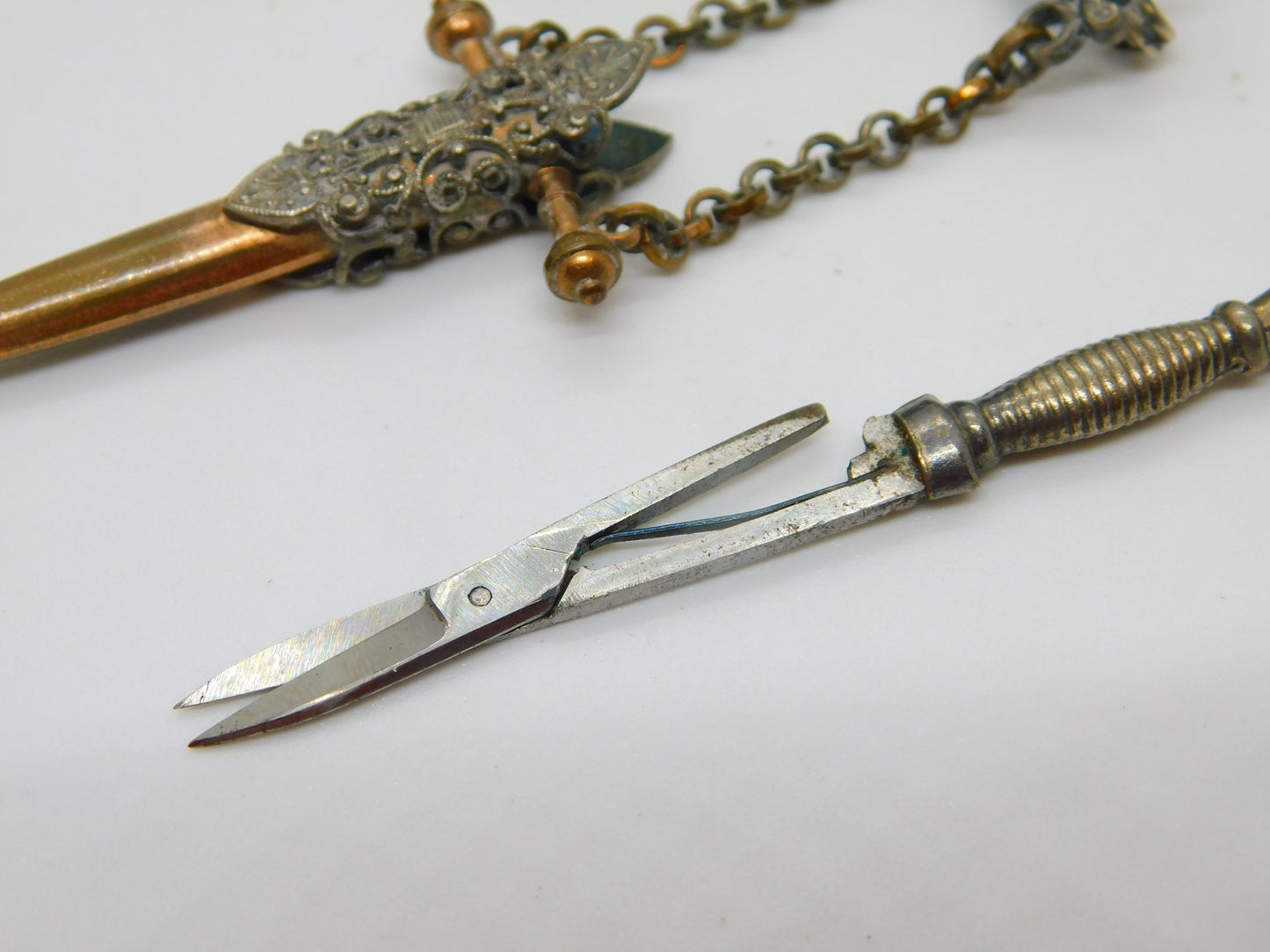 French Victorian Metal Novelty Sword in Scabbard Sewing Scissors Chatelaine Fob c1890