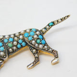 9ct Gold & Silver Retriever Dog Brooch Turquoise, Seed Pearl Vintage c1970