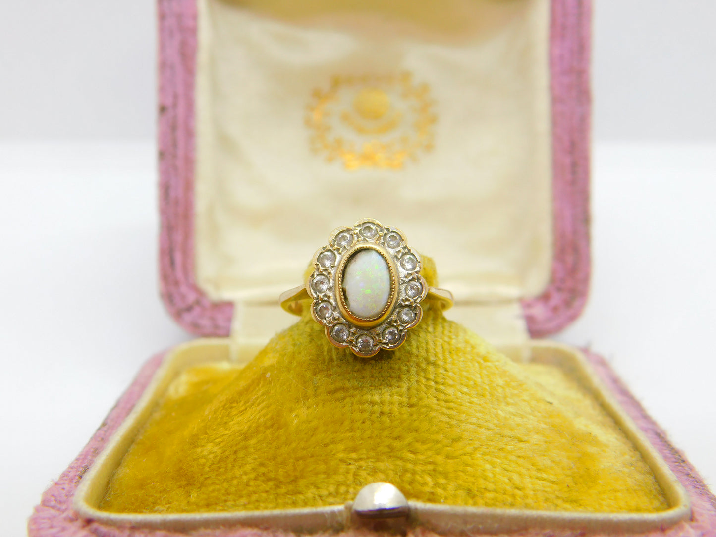 Victorian 9ct Gold, Cabochon Opal & White Spinel Floral Cluster Ring c1880