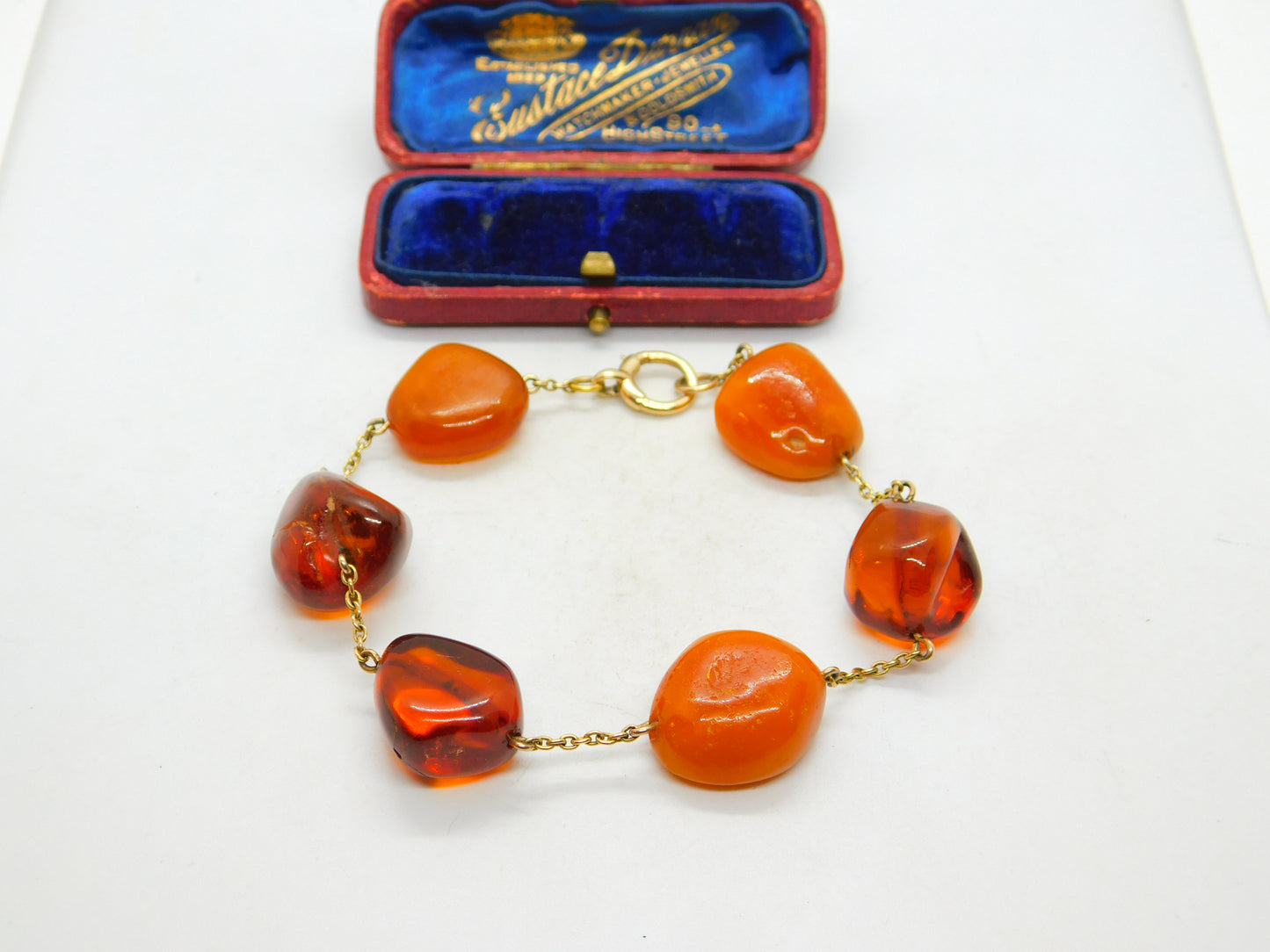 9ct Yellow Gold & Baltic Amber Set Link Bracelet Vintage c1960 8.5" Length