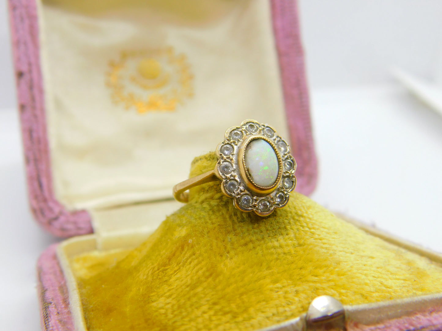 Victorian 9ct Gold, Cabochon Opal & White Spinel Floral Cluster Ring c1880