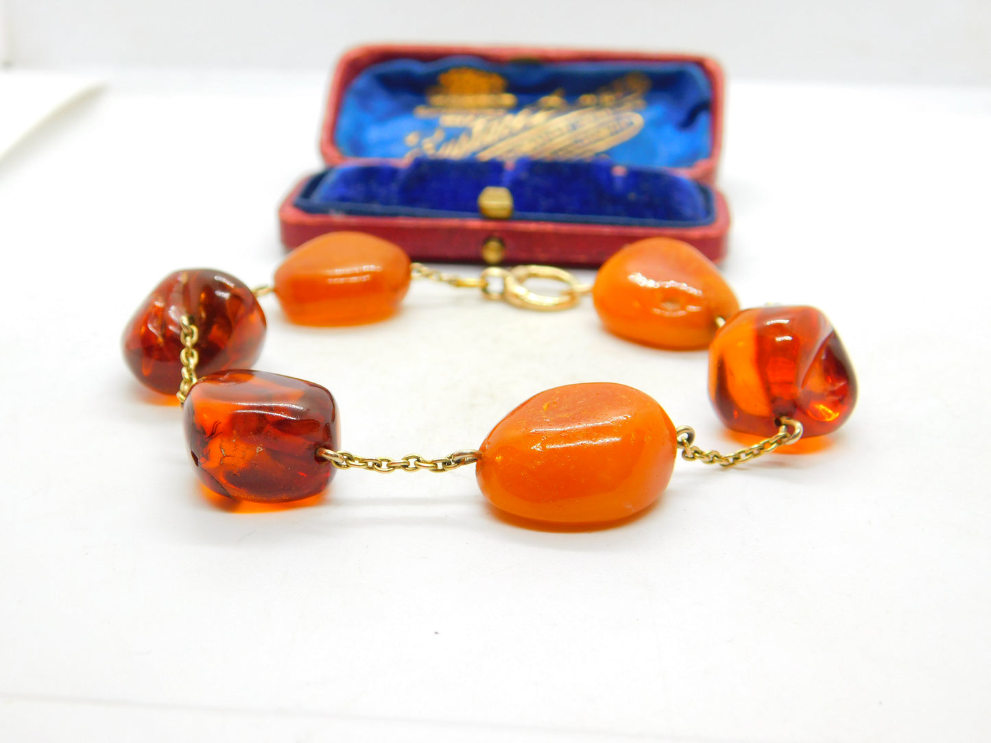 9ct Yellow Gold & Baltic Amber Set Link Bracelet Vintage c1960 8.5" Length