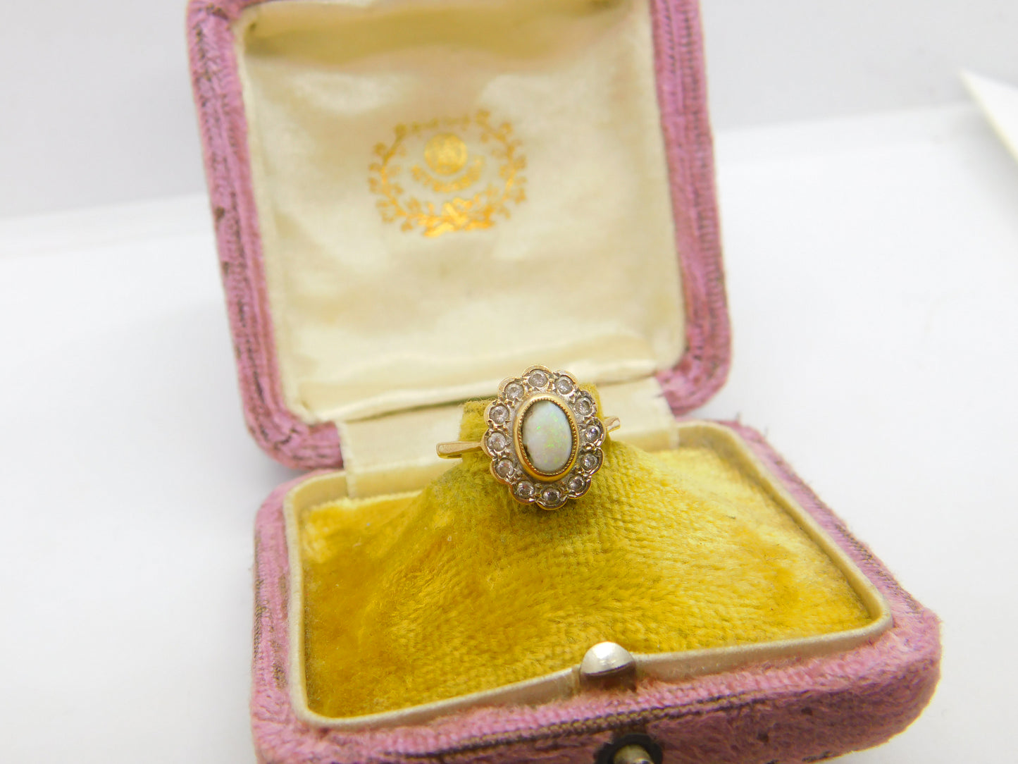 Victorian 9ct Gold, Cabochon Opal & White Spinel Floral Cluster Ring c1880