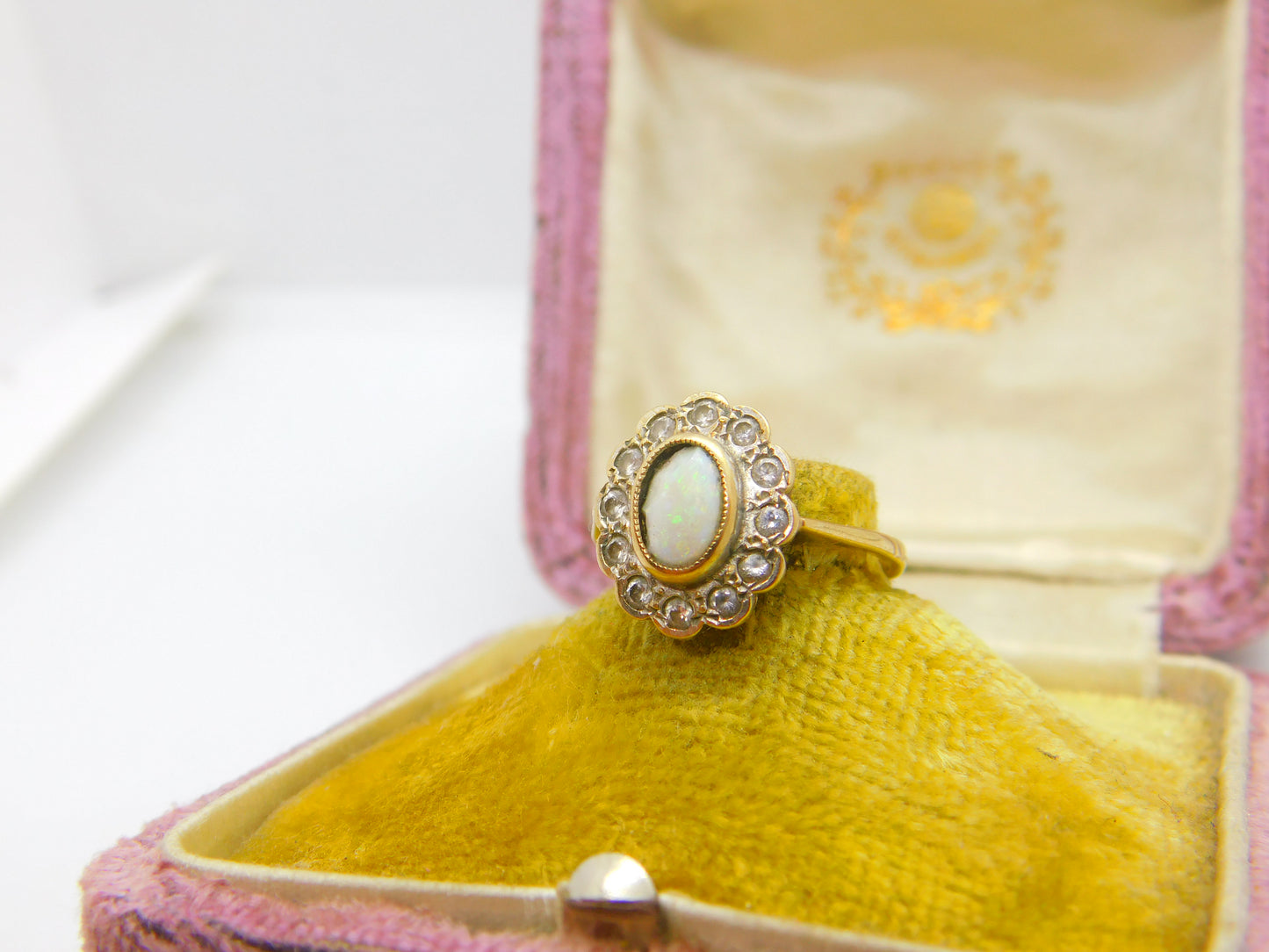 Victorian 9ct Gold, Cabochon Opal & White Spinel Floral Cluster Ring c1880