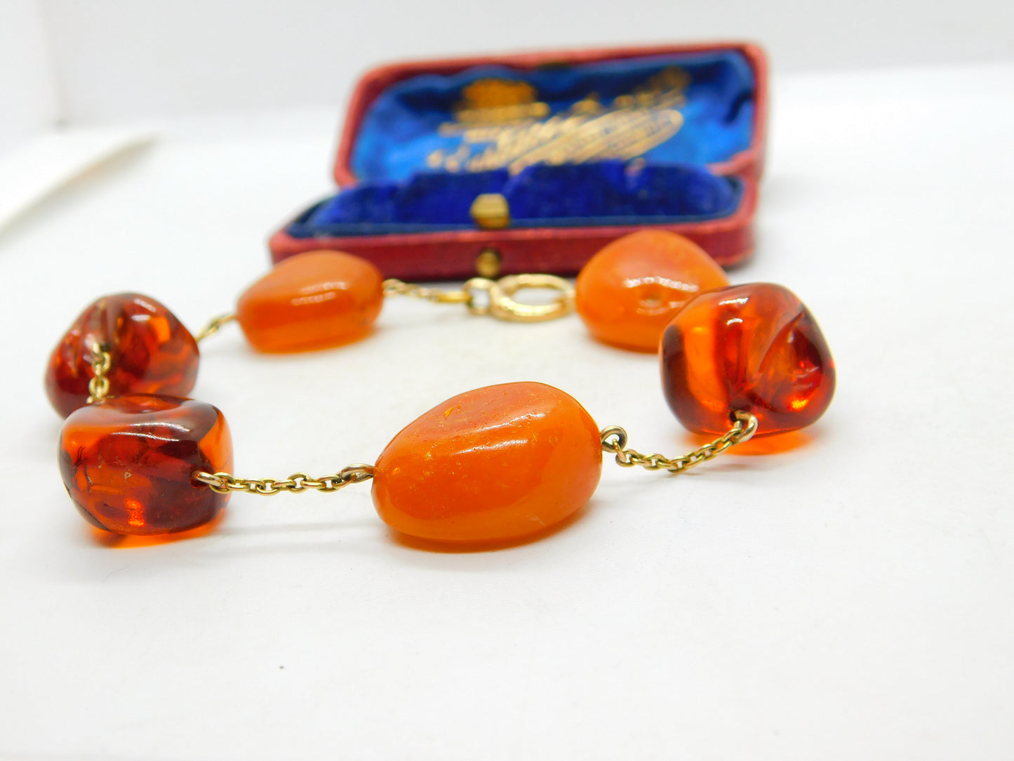 9ct Yellow Gold & Baltic Amber Set Link Bracelet Vintage c1960 8.5" Length