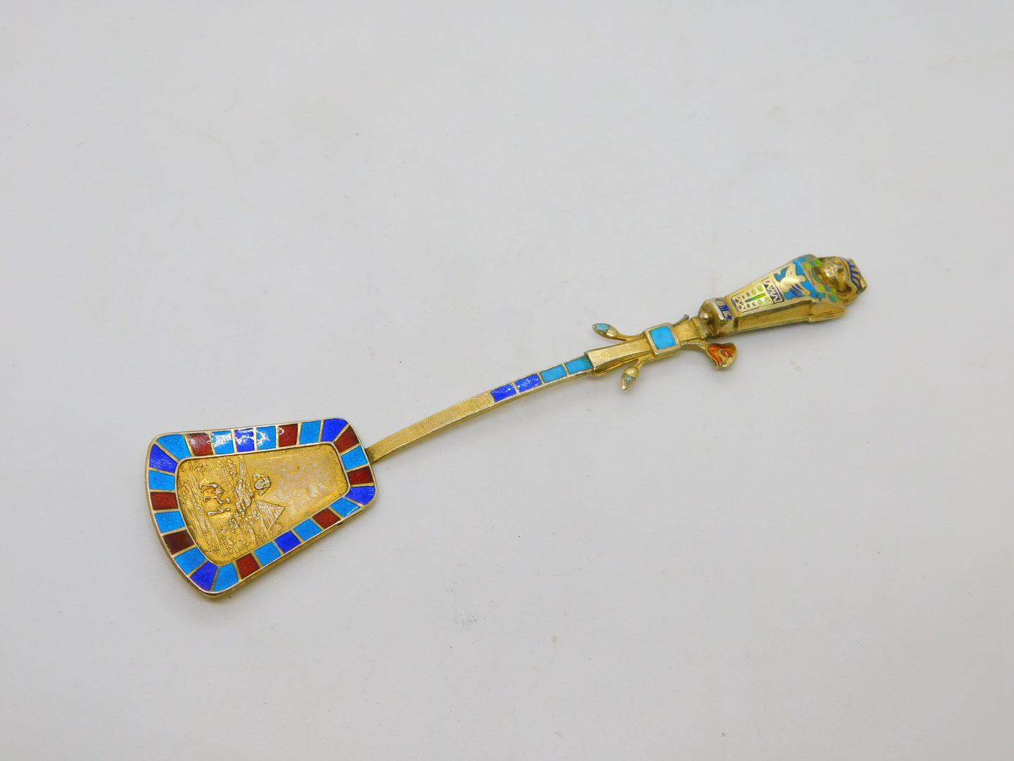 Egyptian .800 Silver Gilt Enamel Mummy Locket Sugar Spoon Antique c1920