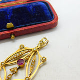Edwardian 9ct Gold, Garnet & Seed Pearl Lavalier Drop Pendant Antique c1910