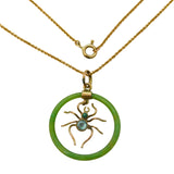 Edwardian 9ct Gold & Jade Ringed Spider Pendant Necklace Antique c1910s