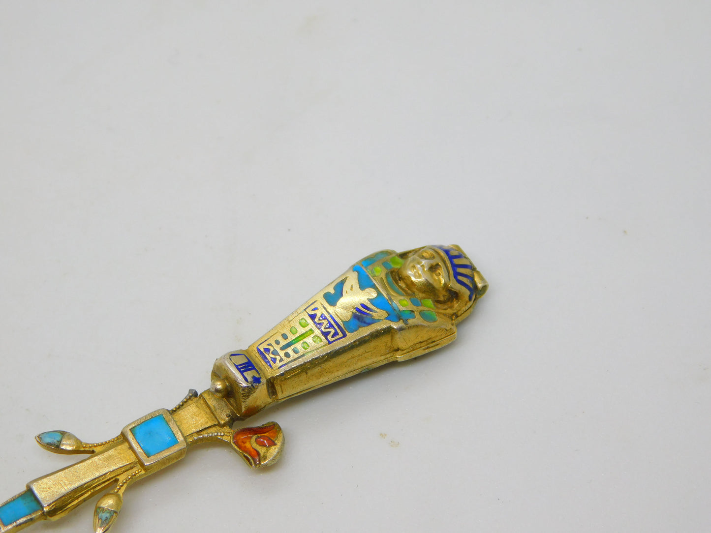 Egyptian .800 Silver Gilt Enamel Mummy Locket Sugar Spoon Antique c1920