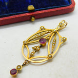 Edwardian 9ct Gold, Garnet & Seed Pearl Lavalier Drop Pendant Antique c1910