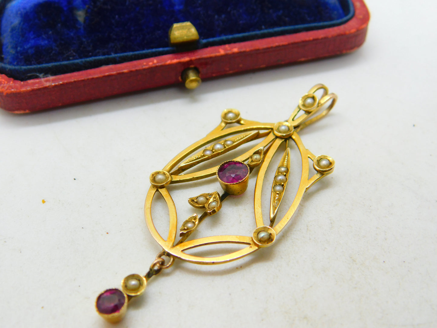 Edwardian 9ct Gold, Garnet & Seed Pearl Lavalier Drop Pendant Antique c1910