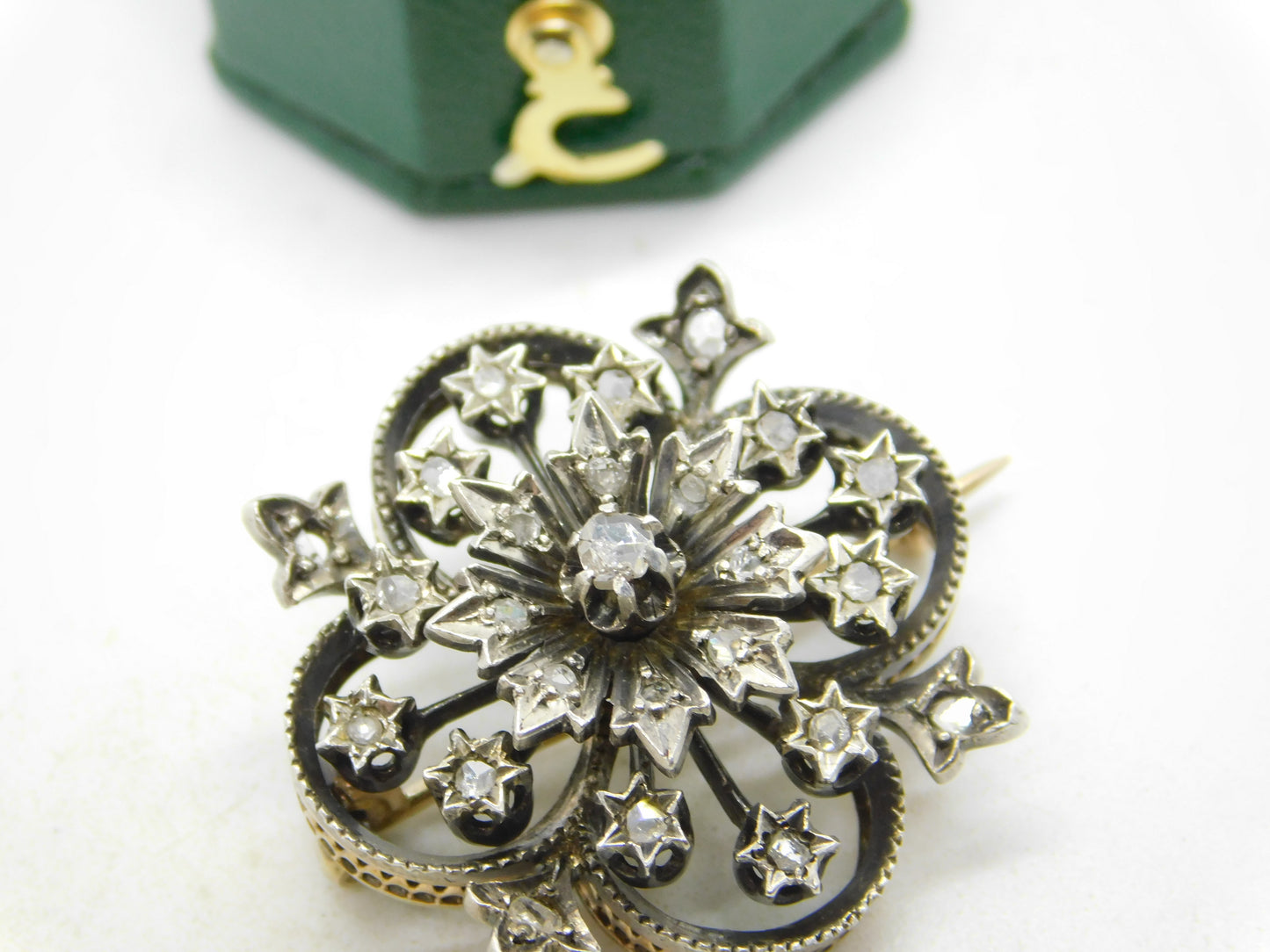 19th Century French 18ct Gold Old Cut Diamond Floral Brooch Antique c1890