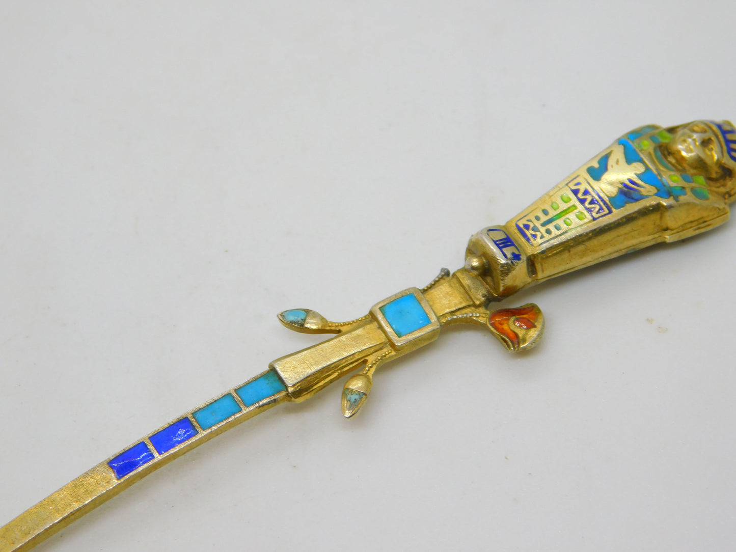 Egyptian .800 Silver Gilt Enamel Mummy Locket Sugar Spoon Antique c1920