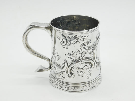 Queen Anne Britannia Silver Floral Pattern Pint Tankard Antique 1713 London by John Laughton II