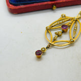 Edwardian 9ct Gold, Garnet & Seed Pearl Lavalier Drop Pendant Antique c1910