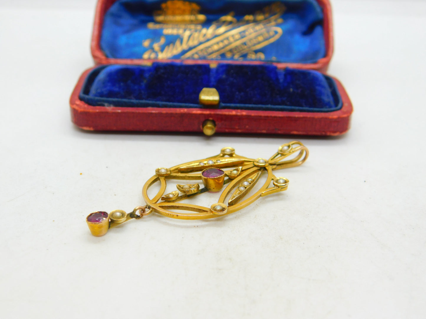 Edwardian 9ct Gold, Garnet & Seed Pearl Lavalier Drop Pendant Antique c1910