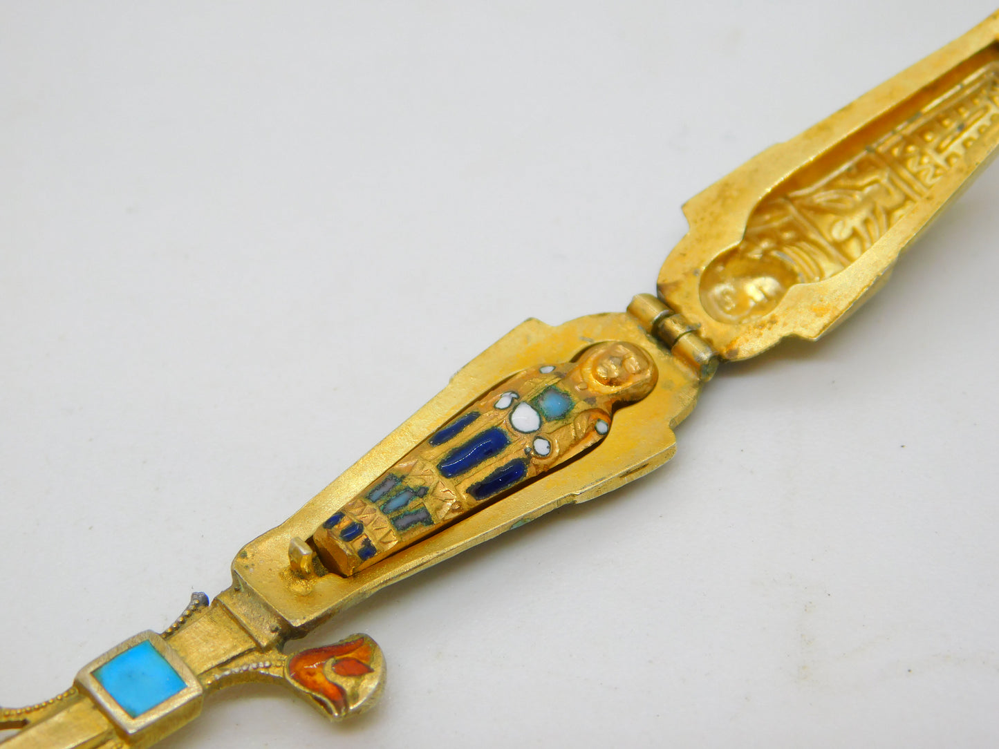 Egyptian .800 Silver Gilt Enamel Mummy Locket Sugar Spoon Antique c1920