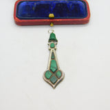 Victorian Scottish Sterling Silver Malachite Set Floral Drop Pendant Antique