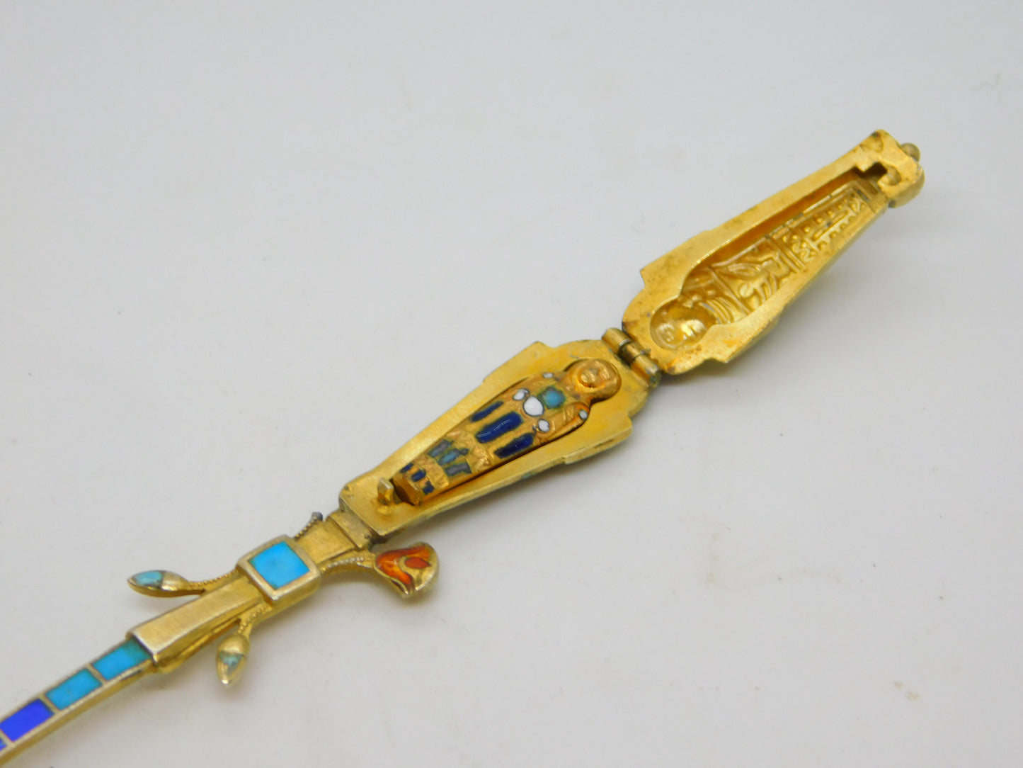 Egyptian .800 Silver Gilt Enamel Mummy Locket Sugar Spoon Antique c1920