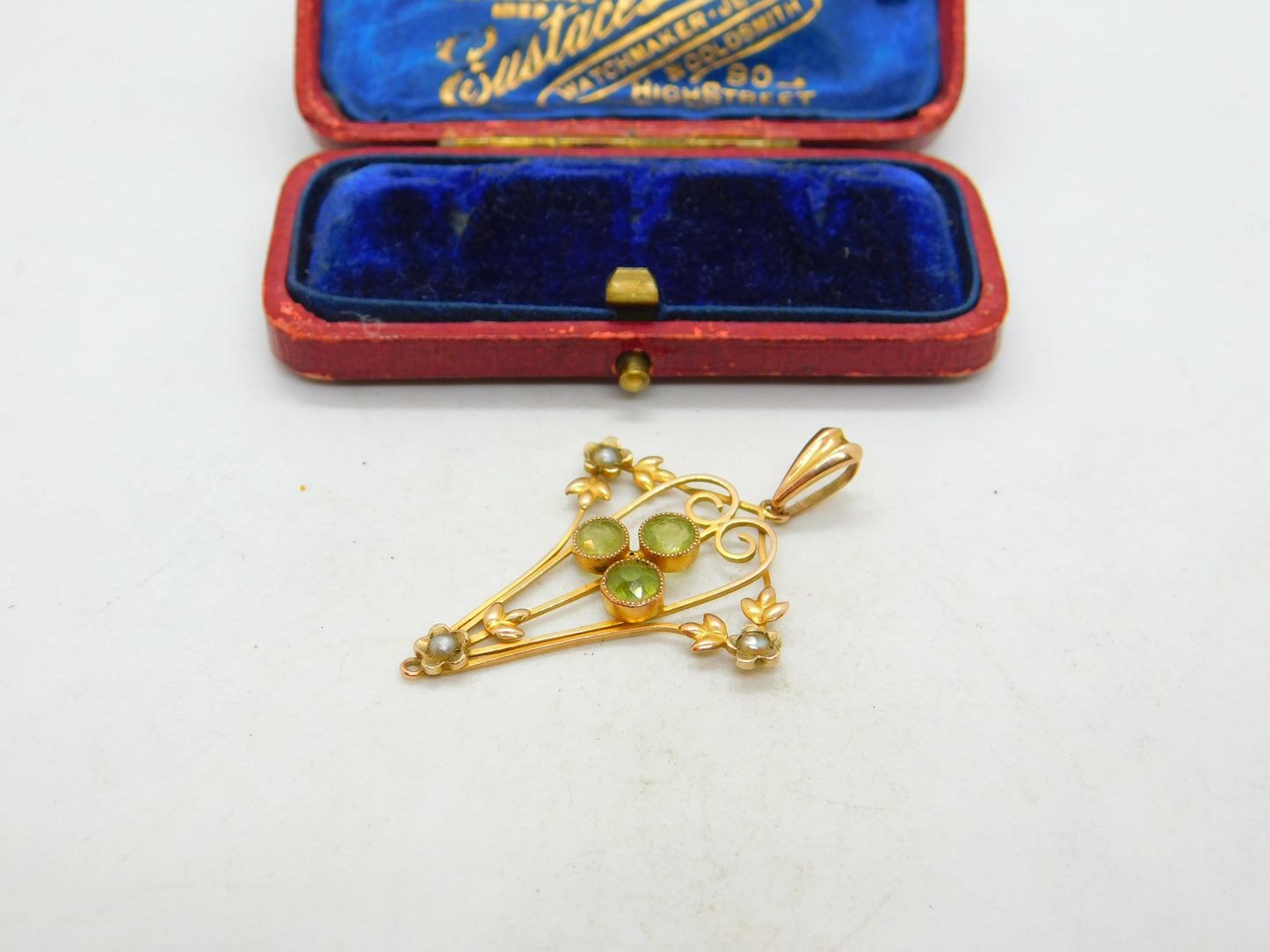 Edwardian 9ct Gold, Peridot & Seed Pearl Lavalier Pendant Antique c1910