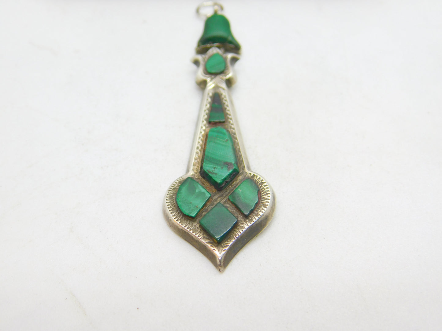 Victorian Scottish Sterling Silver Malachite Set Floral Drop Pendant Antique