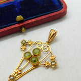 Edwardian 9ct Gold, Peridot & Seed Pearl Lavalier Pendant Antique c1910