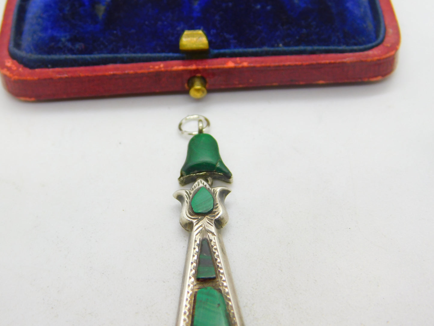 Victorian Scottish Sterling Silver Malachite Set Floral Drop Pendant Antique