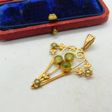 Edwardian 9ct Gold, Peridot & Seed Pearl Lavalier Pendant Antique c1910