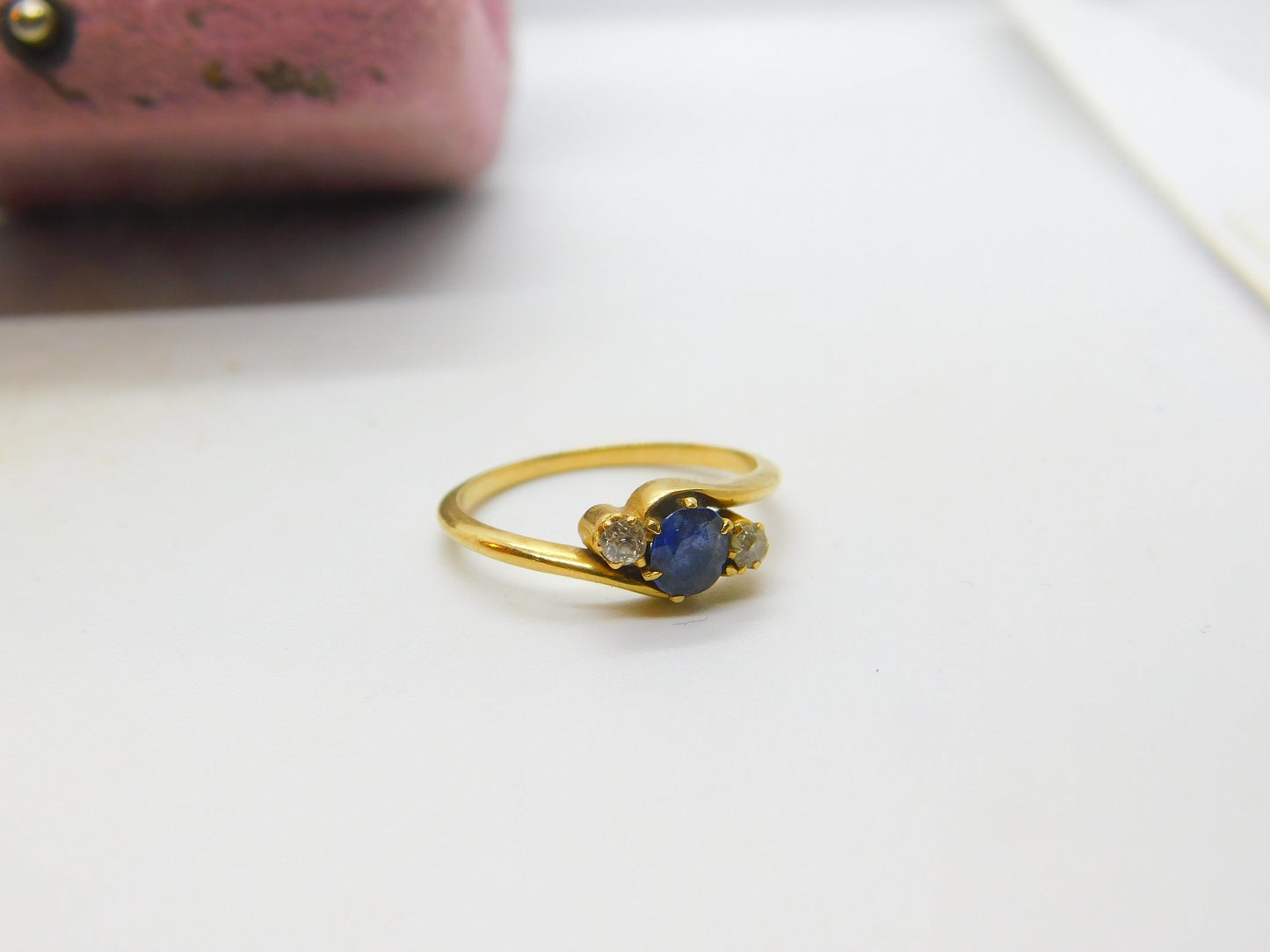 18ct Yellow Gold, Blue Sapphire & Diamond Set Crossover Ring Vintage c1960