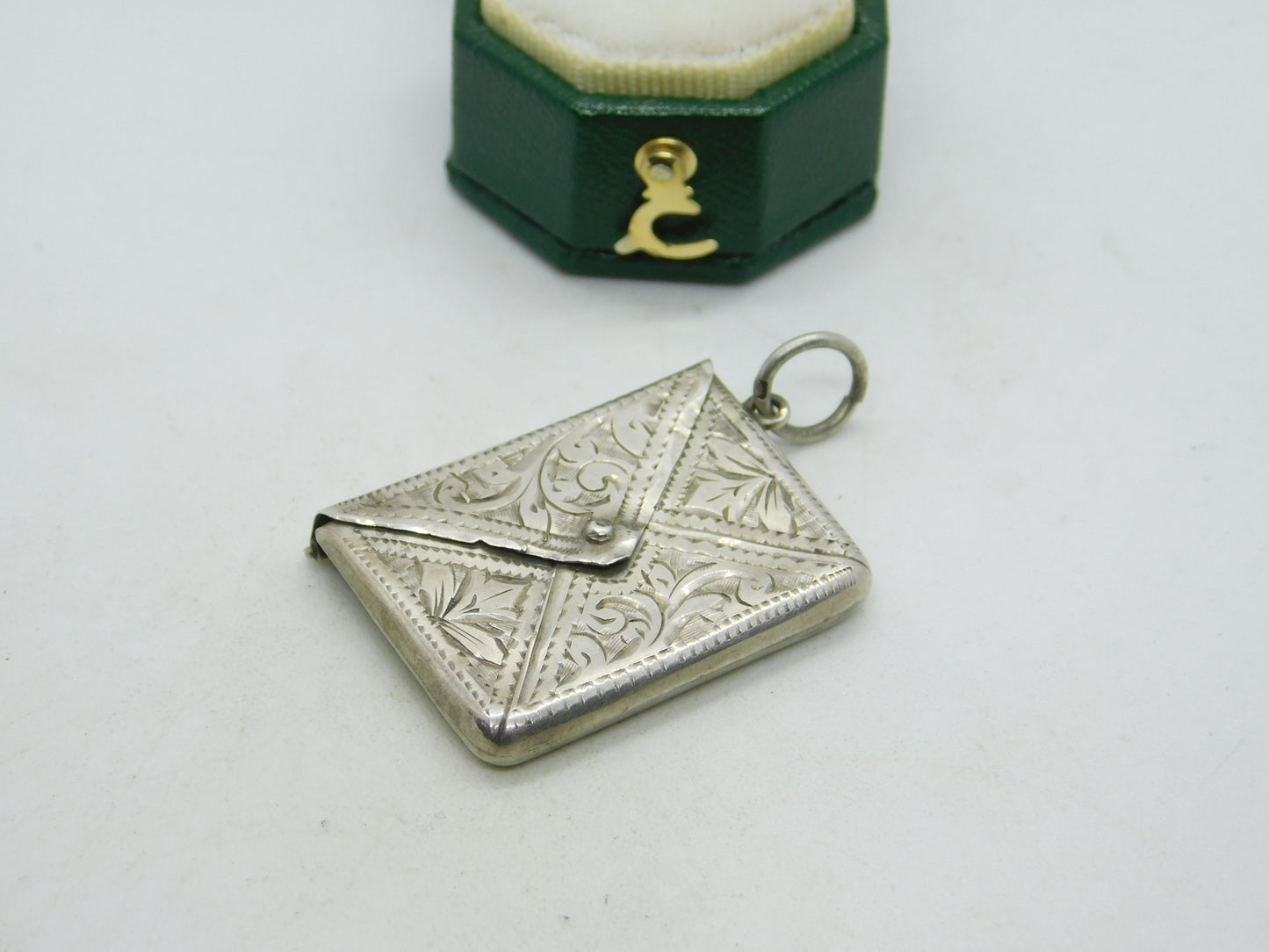 Edwardian Sterling Silver Floral Envelope Stamp Case Fob Antique 1909 Birmingham