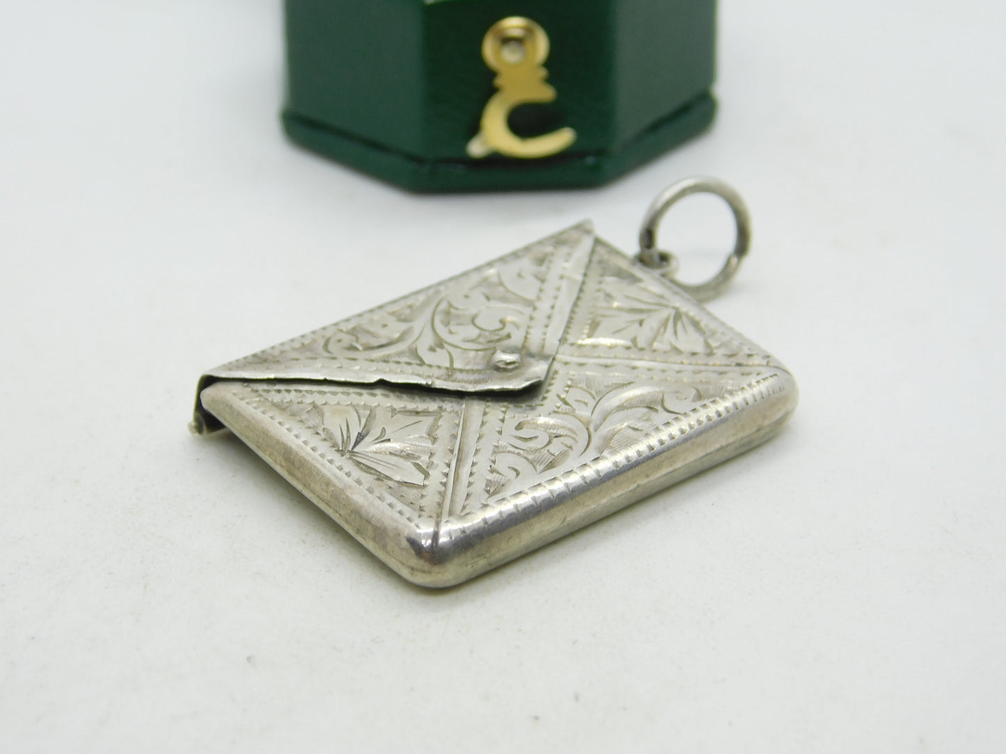 Edwardian Sterling Silver Floral Envelope Stamp Case Fob Antique 1909 Birmingham