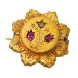 Victorian 9ct Gold, Diamond, Ruby Floral Locket Brooch Pin Antique c1880