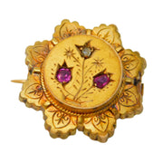 Victorian 9ct Gold, Diamond, Ruby Floral Locket Brooch Pin Antique c1880