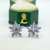 9ct White Gold, Tanzanite & Diamond Floral Stud Earrings Vintage c2000