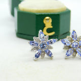 9ct White Gold, Tanzanite & Diamond Floral Stud Earrings Vintage c2000