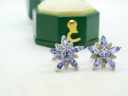 9ct White Gold, Tanzanite & Diamond Floral Stud Earrings Vintage c2000