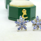 9ct White Gold, Tanzanite & Diamond Floral Stud Earrings Vintage c2000