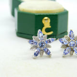 9ct White Gold, Tanzanite & Diamond Floral Stud Earrings Vintage c2000