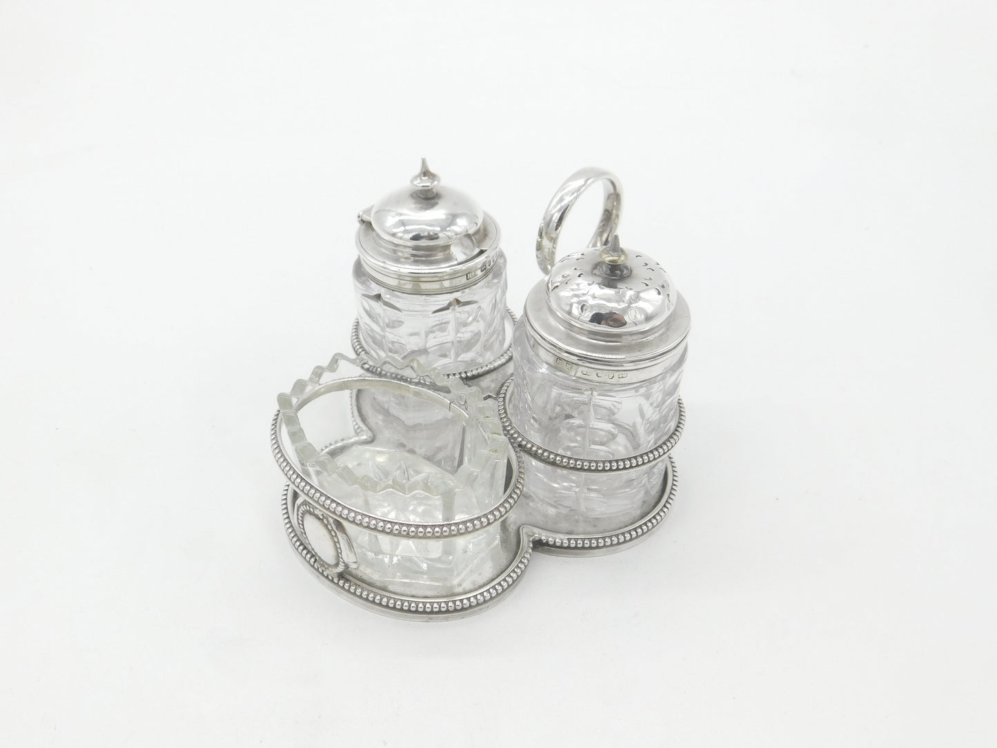 Victorian Sterling Silver & Cut Glass Cruet Set Antique 1877 Birmingham