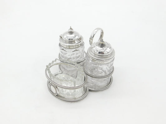 Victorian Sterling Silver & Cut Glass Cruet Set Antique 1877 Birmingham