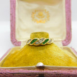 14ct Yellow Gold, Emerald & White Spinel Set Swirl Band Ring Vintage c1980