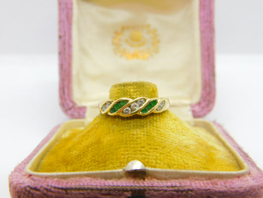 14ct Yellow Gold, Emerald & White Spinel Set Swirl Band Ring Vintage c1980