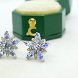 9ct White Gold, Tanzanite & Diamond Floral Stud Earrings Vintage c2000