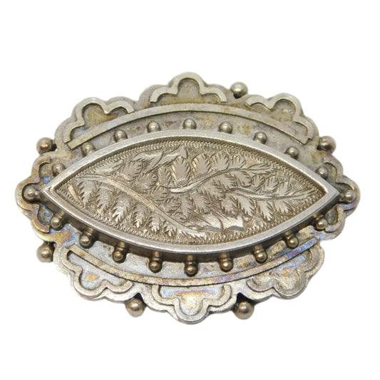 Victorian Sterling Silver Fern Pattern Mourning Brooch Antique 1885 Birmingham
